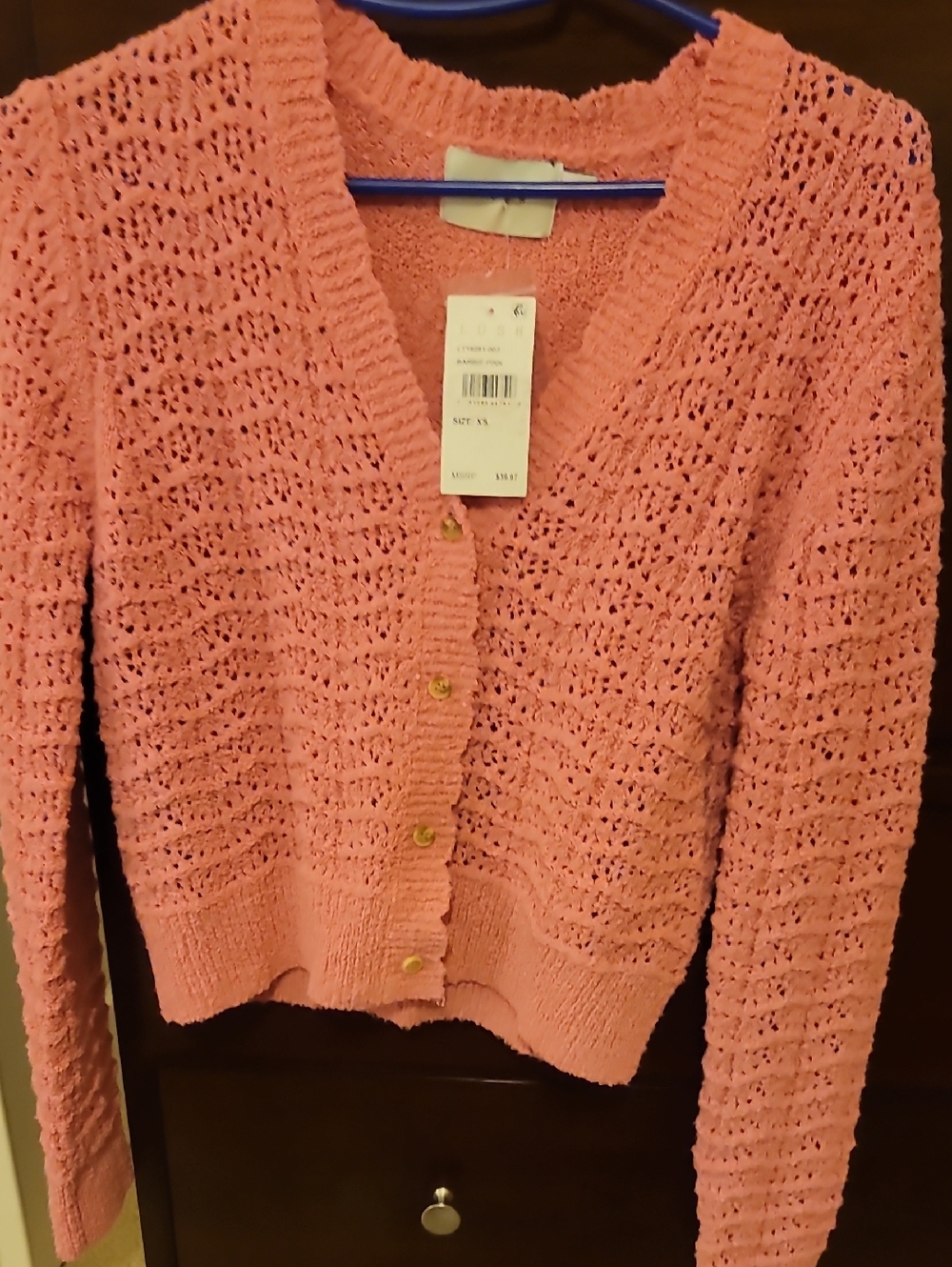 NWT Lush Barbie Pink  Open-Knit Button Front Cardigan Size XS